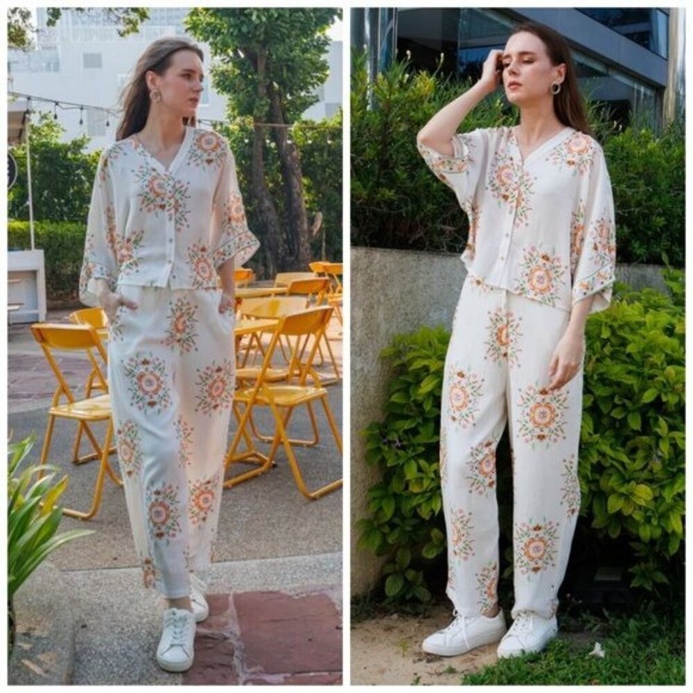 Zink London White Floral Printed Kimono Top & Printed Parallel Trouser Set Sz L